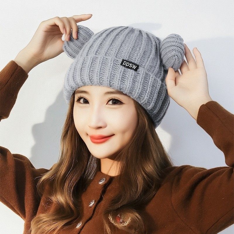 日系秋冬熊耳針織帽(買一送一)