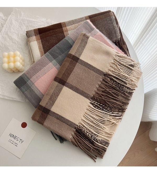 日系加長仿羊絨格子圍巾披肩