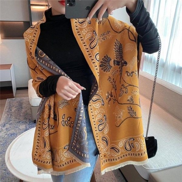 仿羊絨青鳥腰果樹圍巾披肩 青鳥花葉氣質優雅仿羊絨保暖披肩圍巾 仿羊絨圍巾