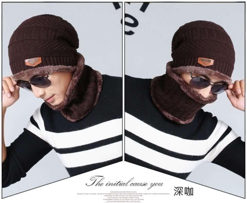 秋冬二件式加絨針織毛帽圍脖