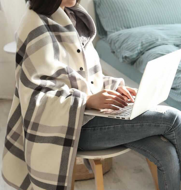 日系多功能披肩蓋毯 法蘭絨披肩毯 多功能雙層 珊瑚絨按扣毛毯子