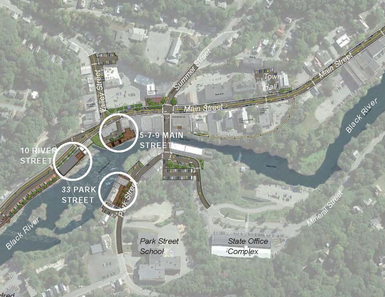 An aerial view of a city with a river running through it