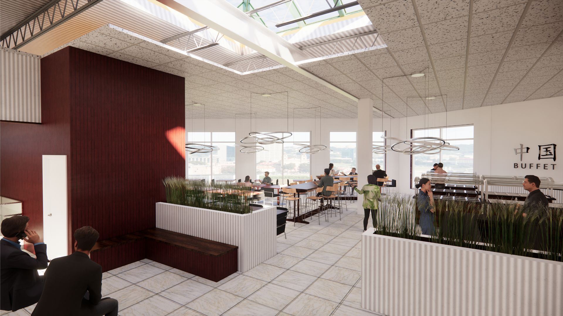 An artist 's impression of a restaurant with people sitting at tables.