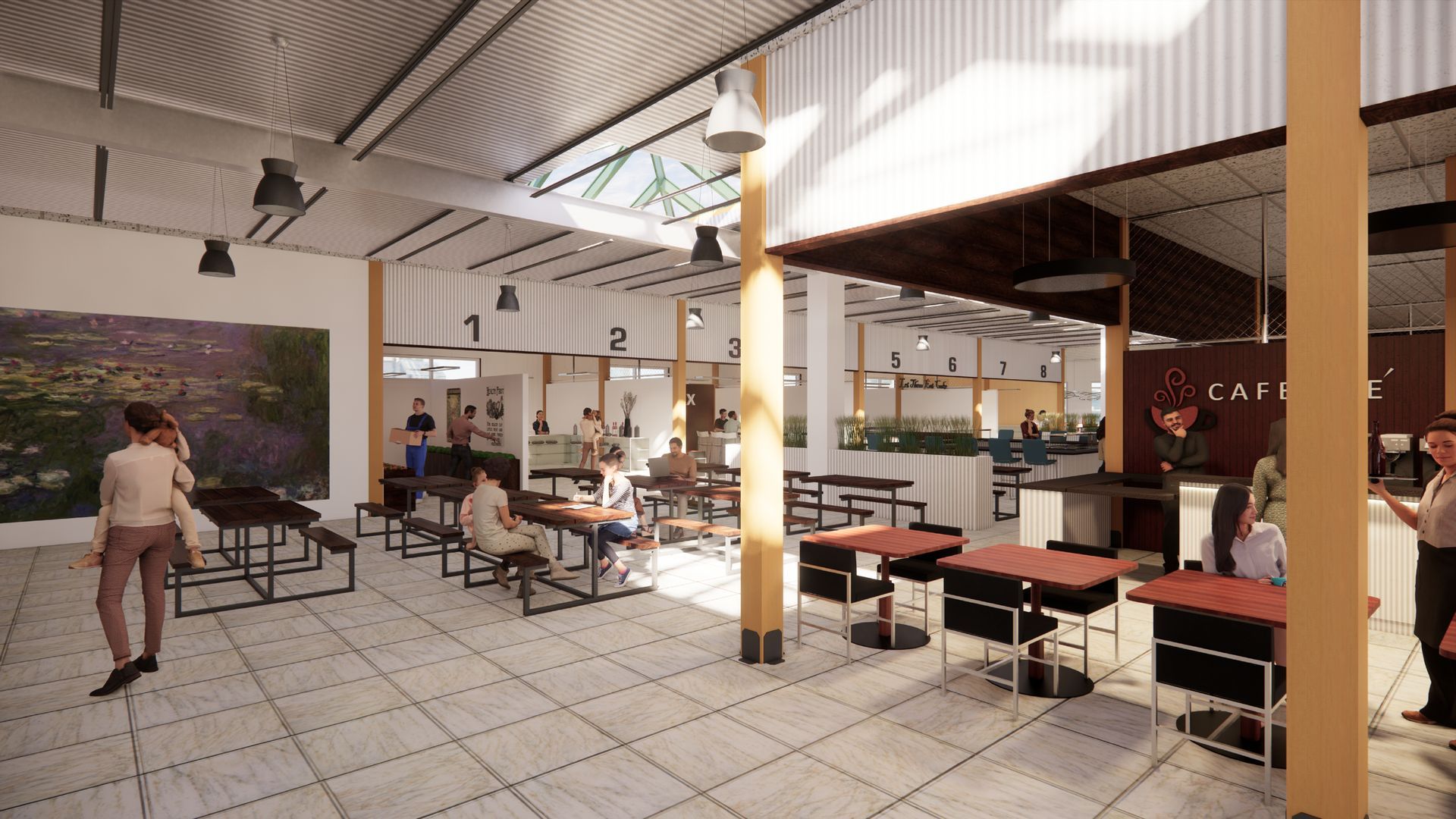 A group of people are sitting at tables in a restaurant.