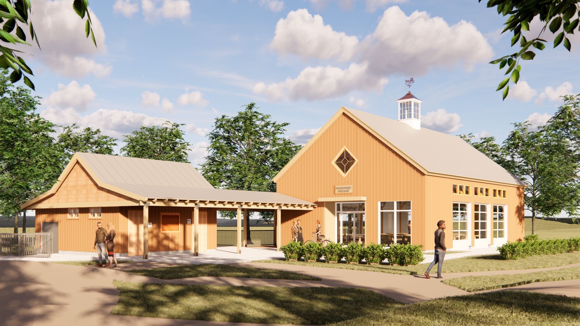 A rendering of a barn and a house in a field.
