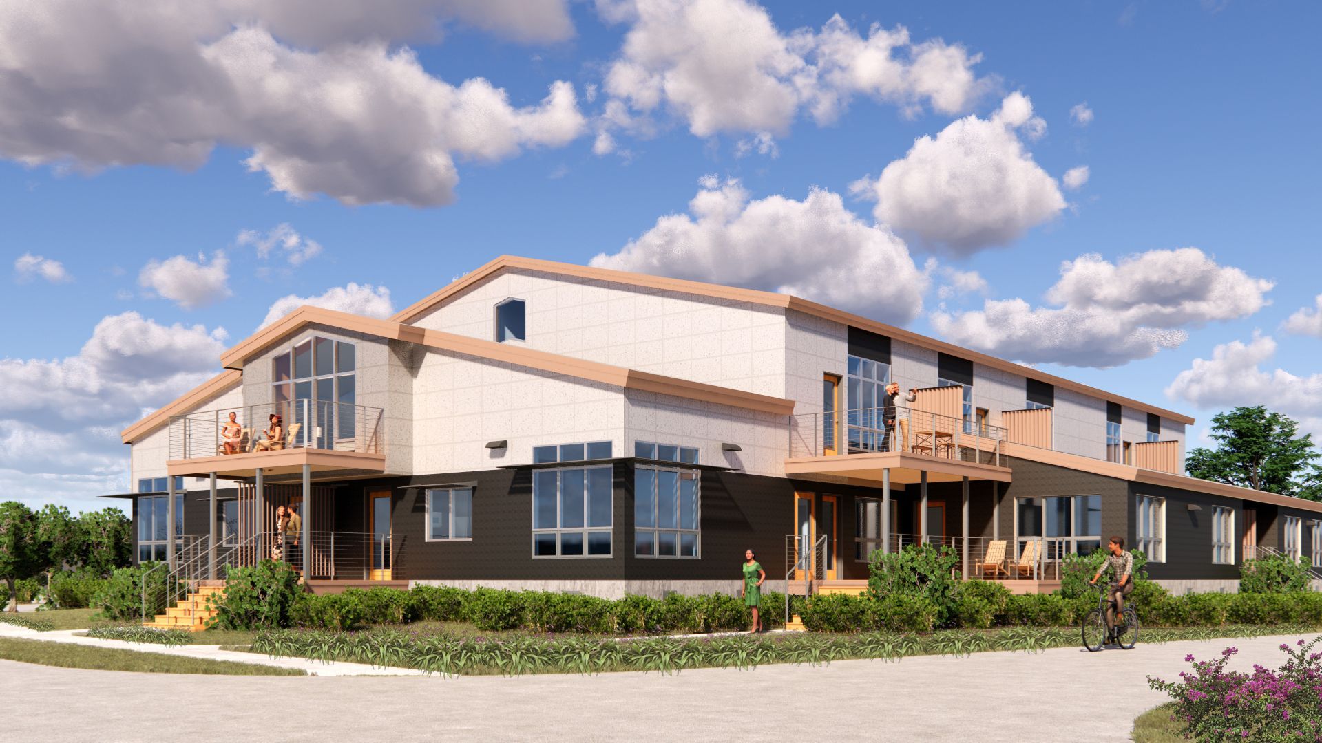 An artist 's impression of a large building with a lot of windows and balconies.