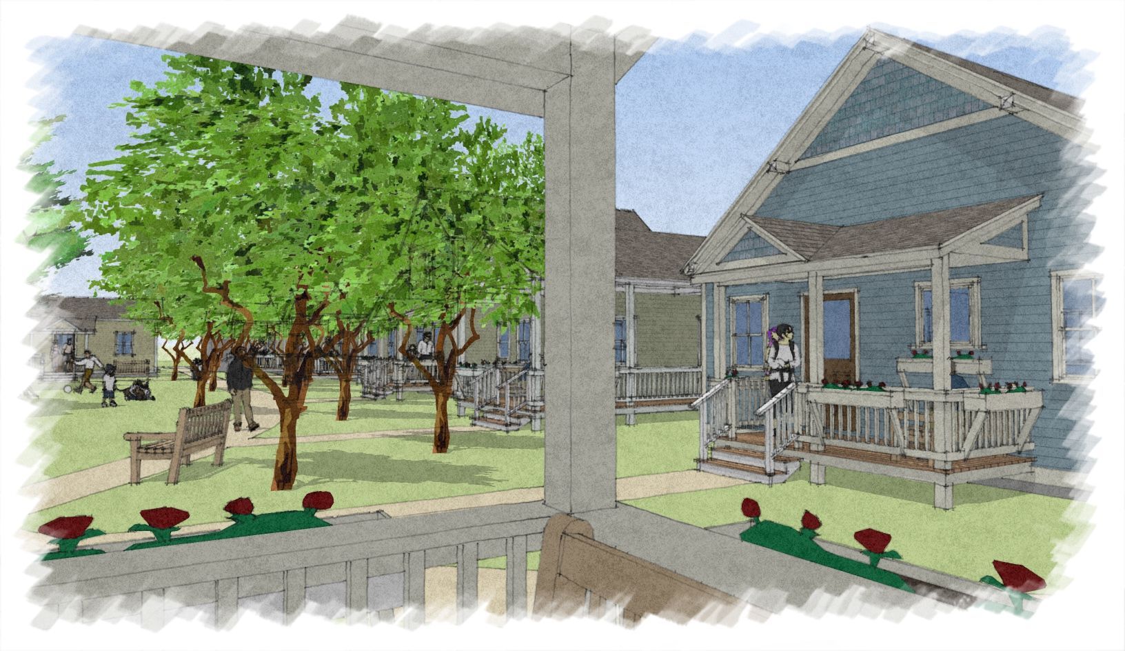 An artist 's impression of a house with a porch