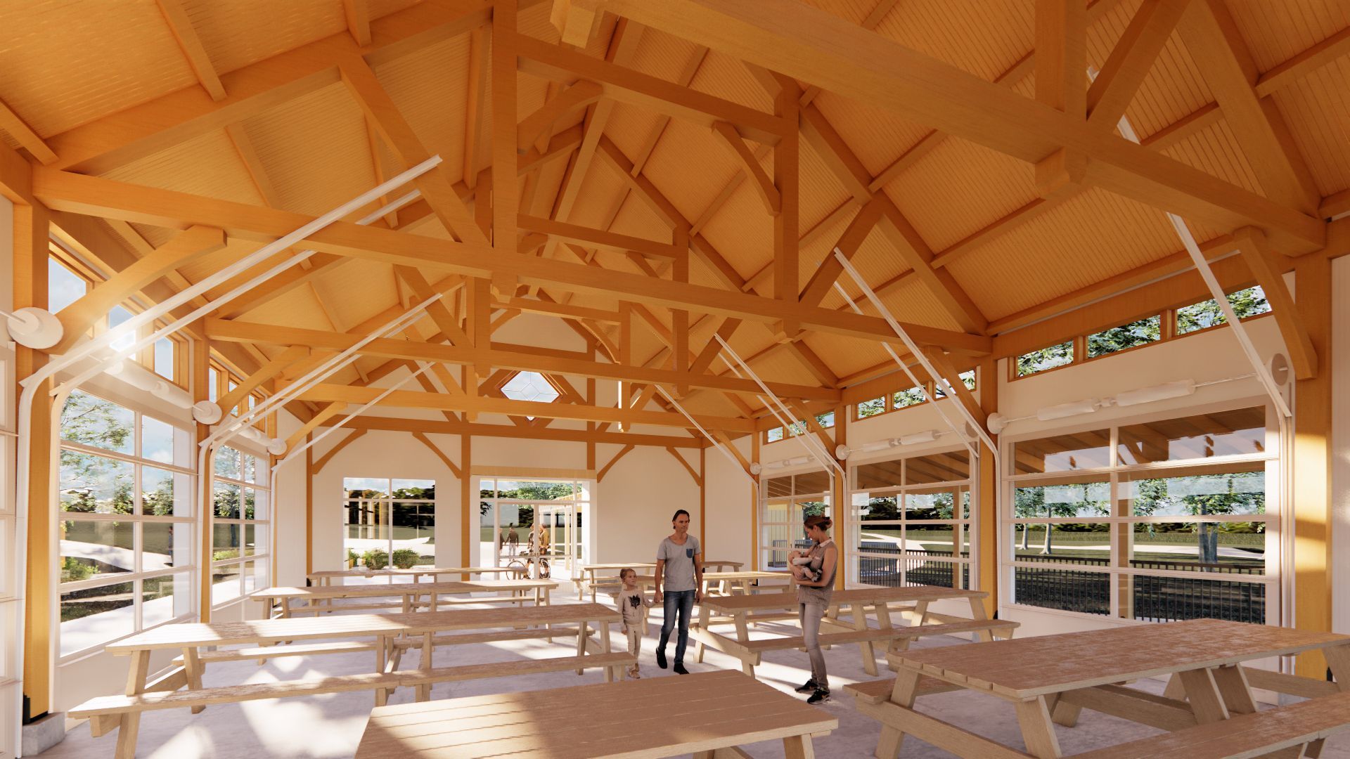 An artist 's impression of a pavilion with wooden tables and benches.