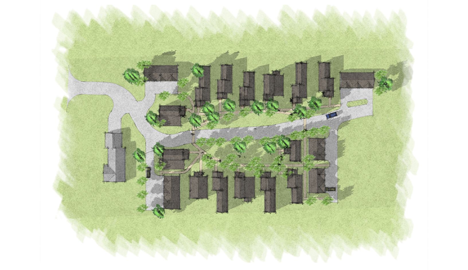 An aerial view of a residential area with lots of houses and trees.