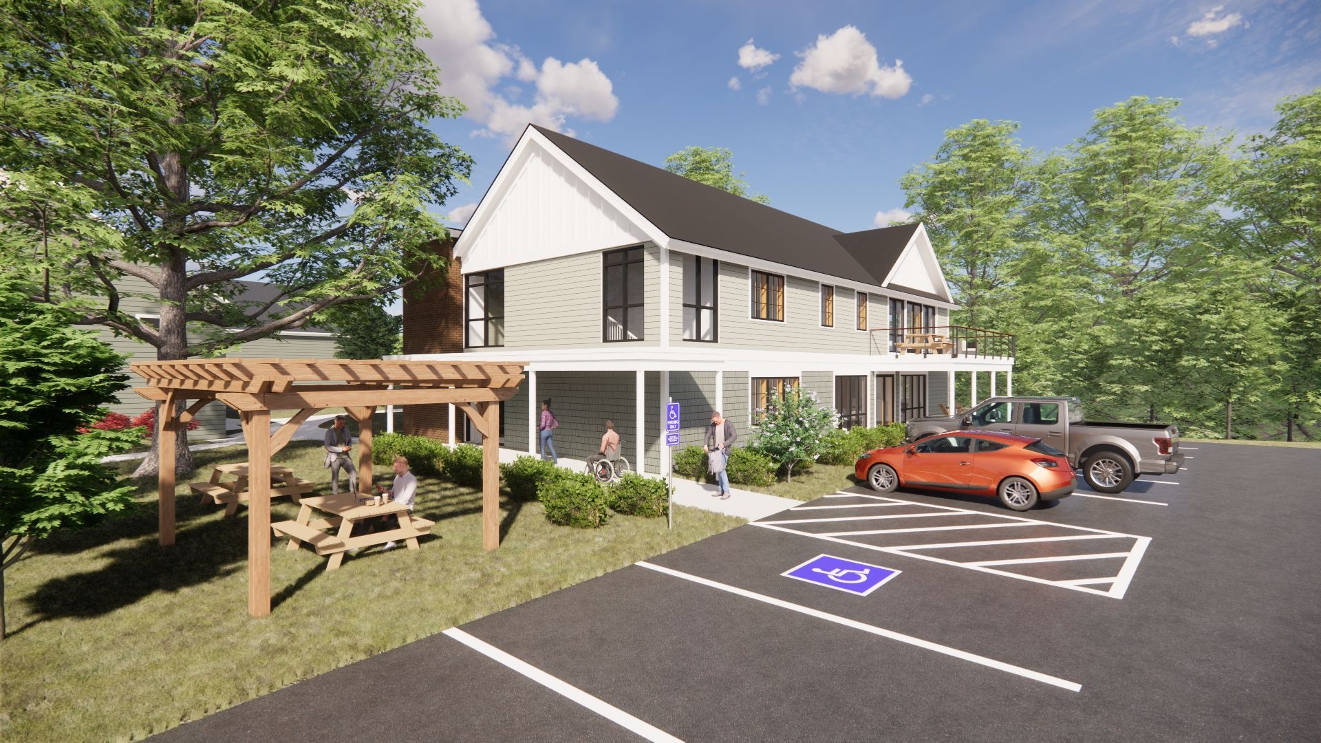 An artist 's impression of a house with cars parked in front of it.