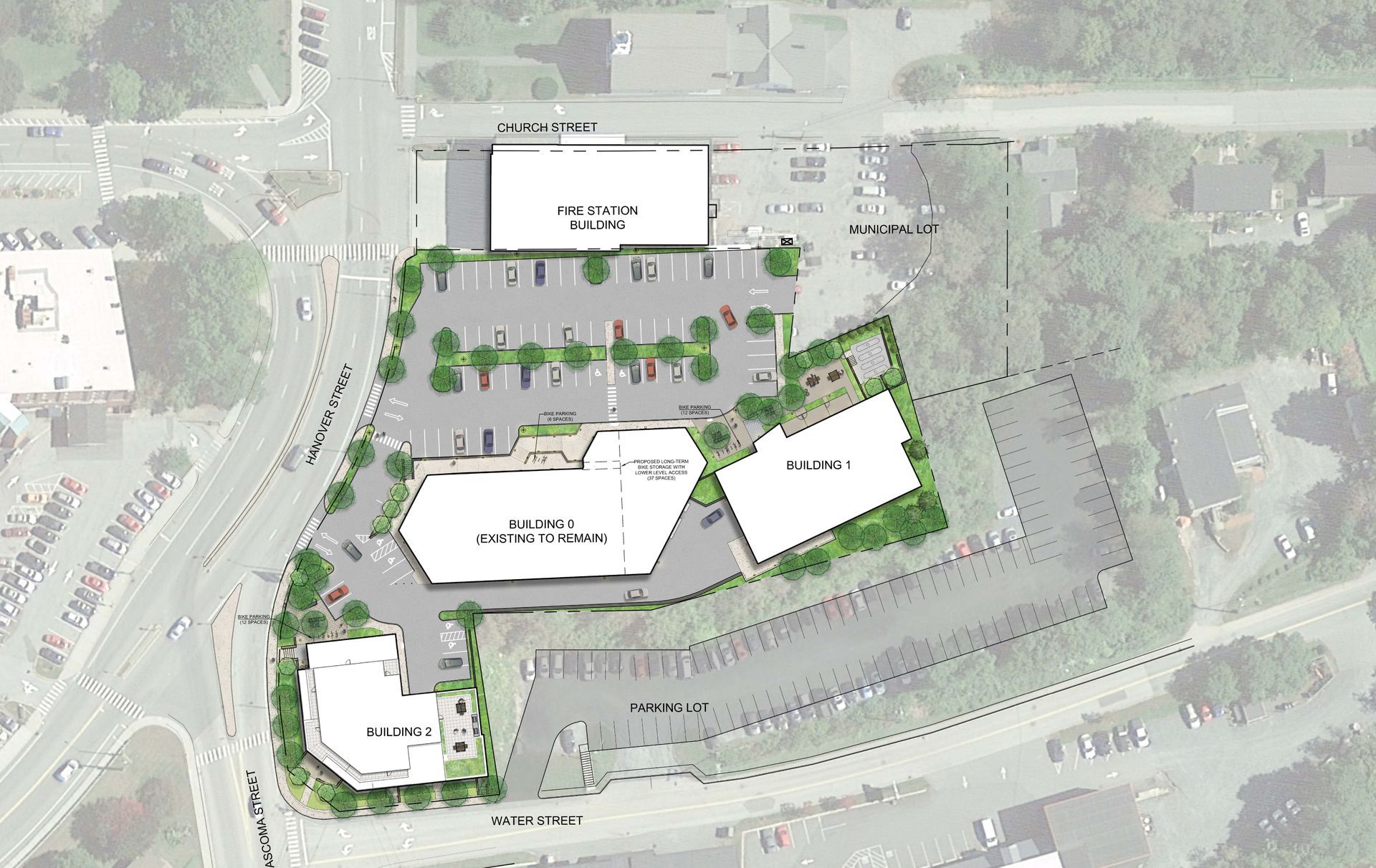 An aerial view of a residential area with buildings and parking lots