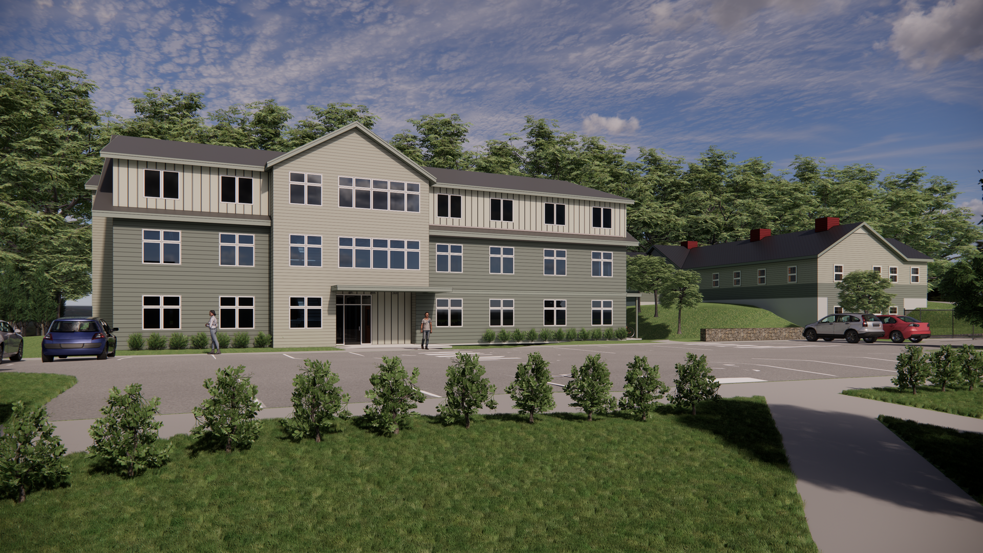 An artist 's impression of a large apartment building with cars parked in front of it.