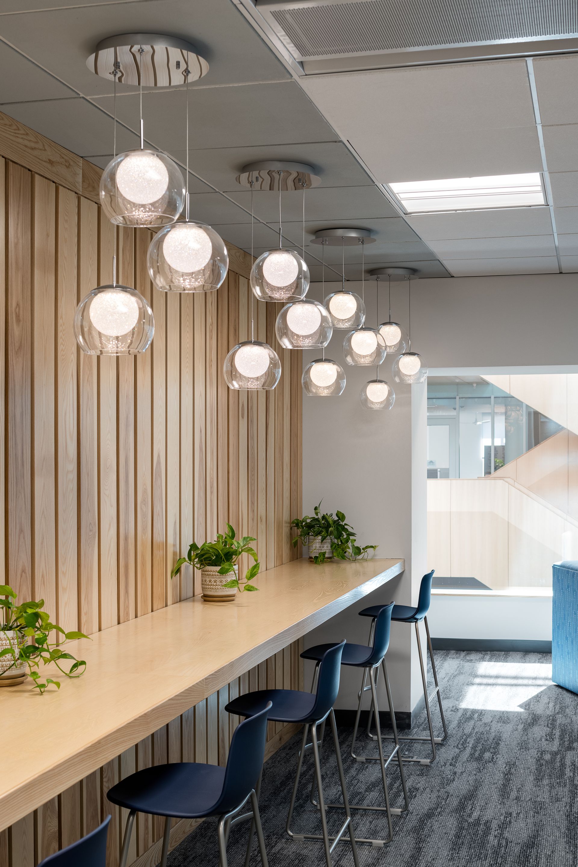 There are a lot of lights hanging from the ceiling in this room.