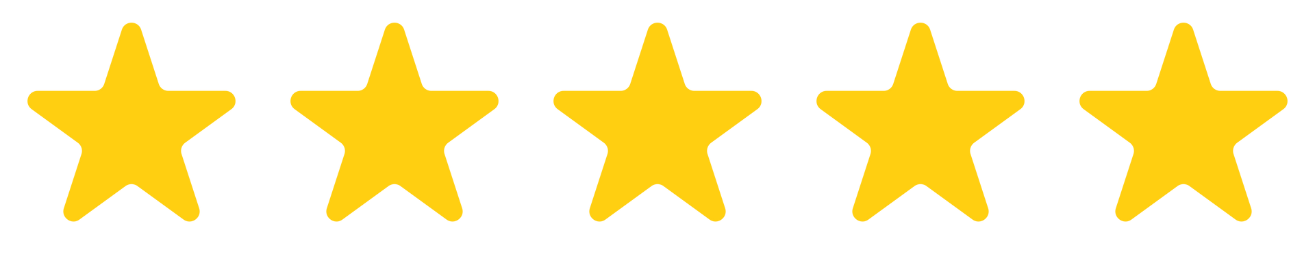 Five yellow stars are lined up in a row on a white background.