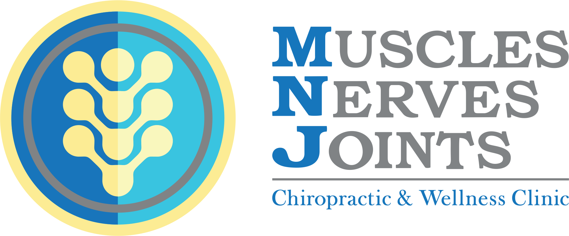 Muscles Nerves Joints Chiropractic & Wellness Clinic logo in blue, teal, and yellow
