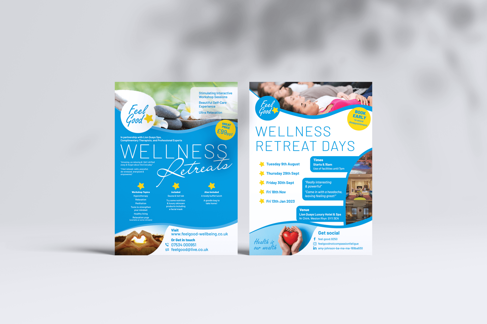 Two flyers for a wellness retreat are sitting next to each other on a table.