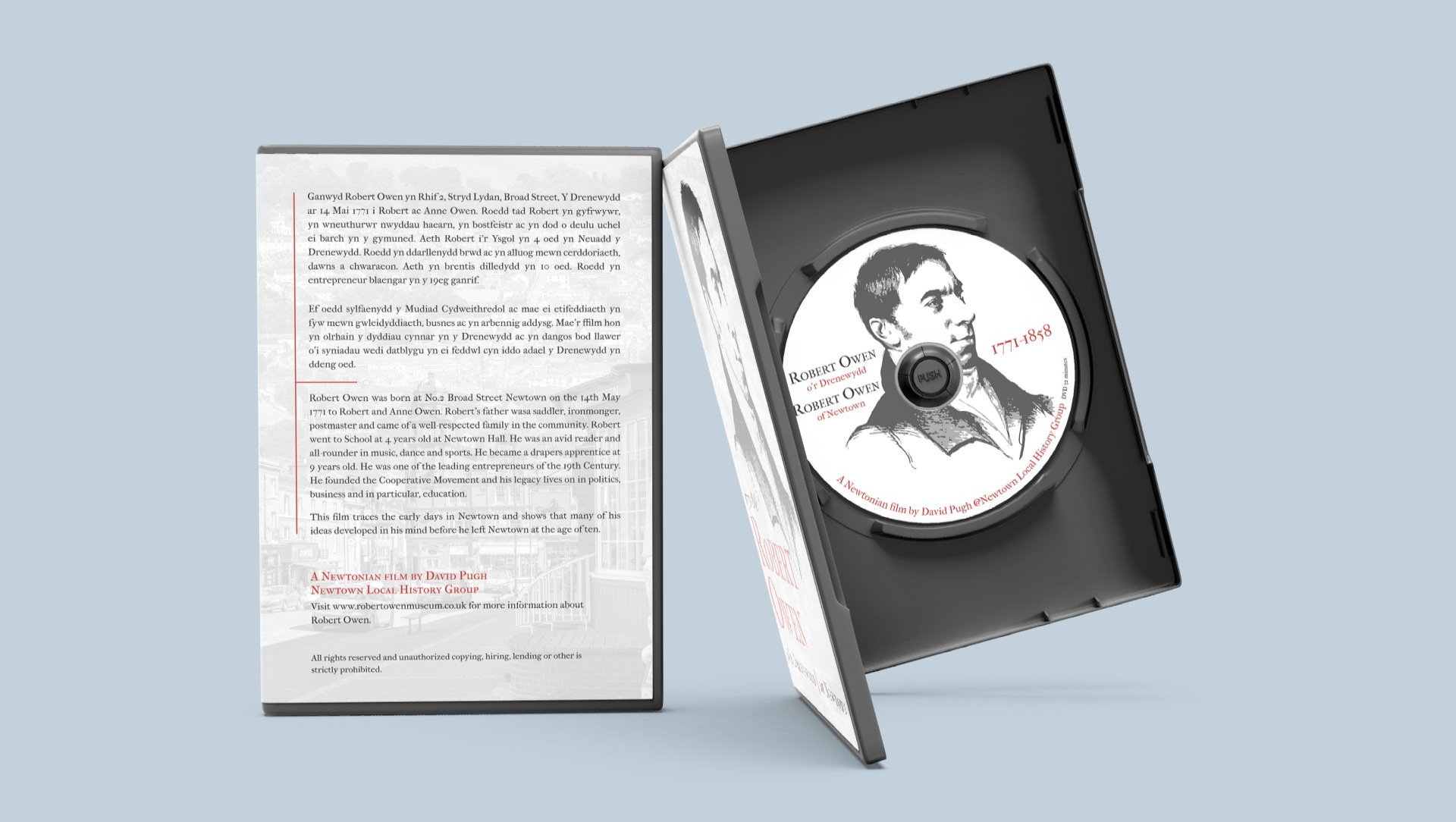 Robert Owen Museum - Brand & Flair Graphic Design - A mockup of a dvd case with a cd inside of it.