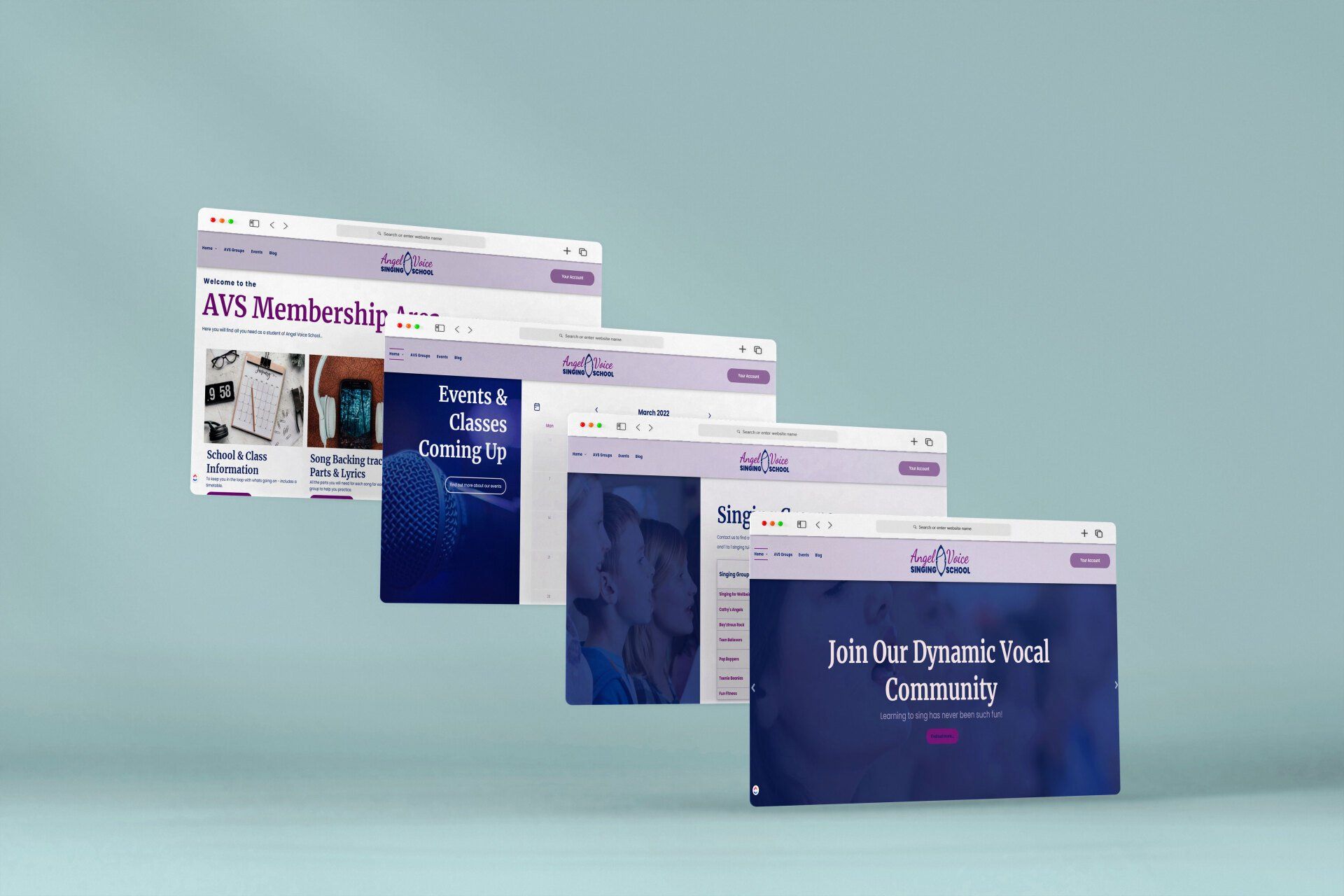 A row of computer screens are floating in the air on a blue background.