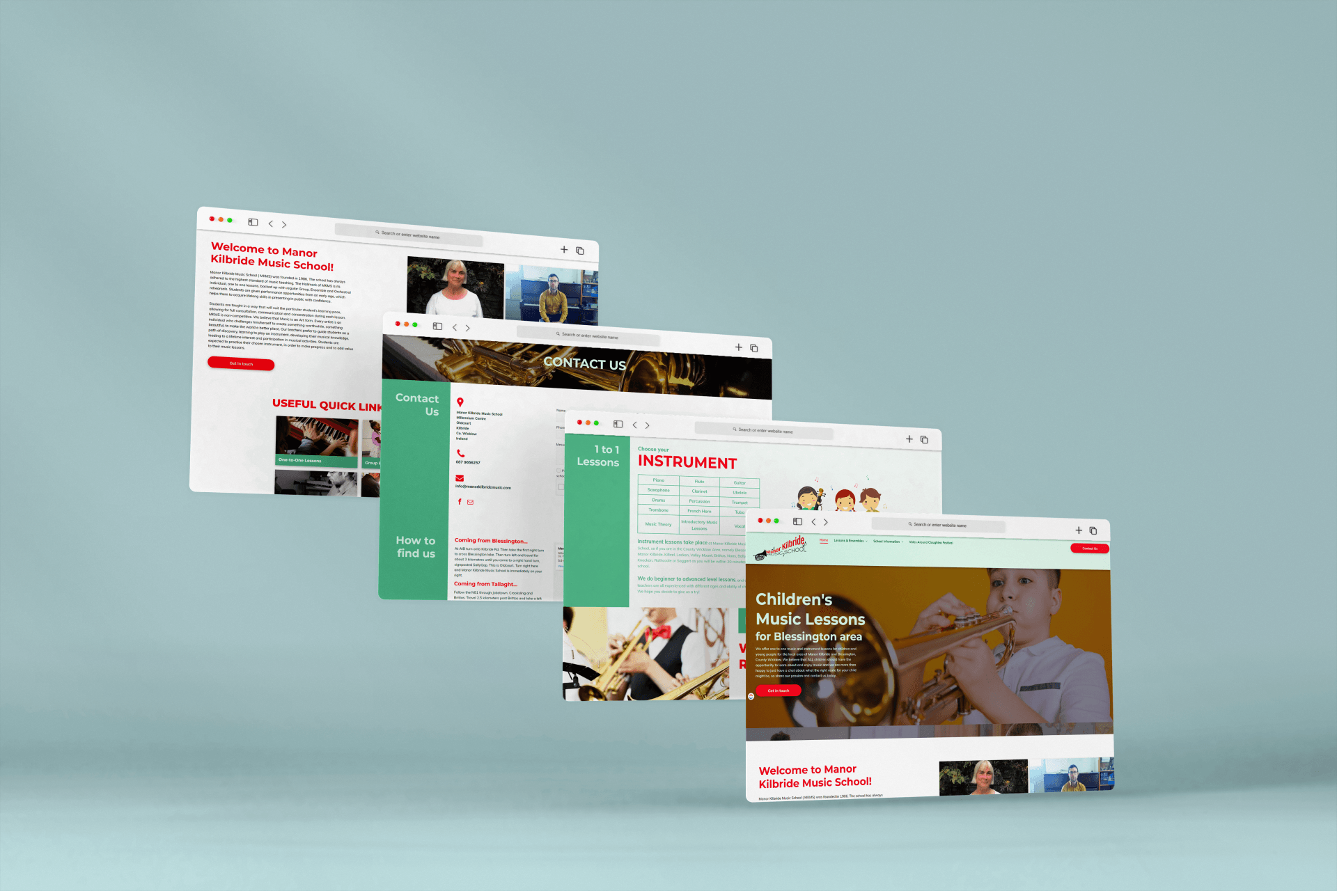 A row of computer screens displaying different websites on a blue background.