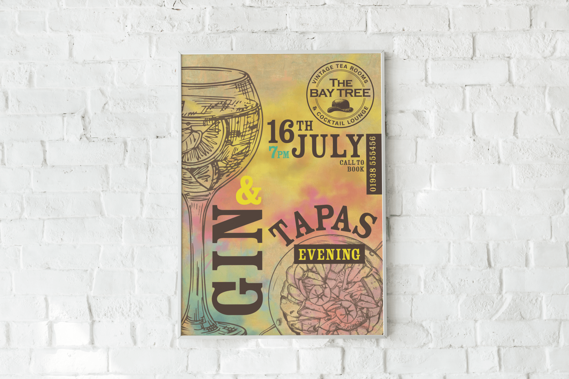 A poster for a gin and tapas evening is hanging on a white brick wall.