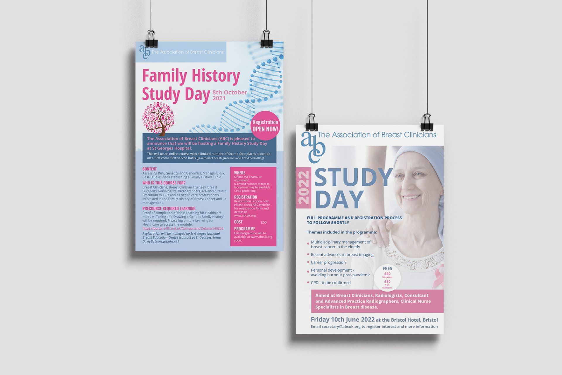Two posters hanging on a wall for family history study day