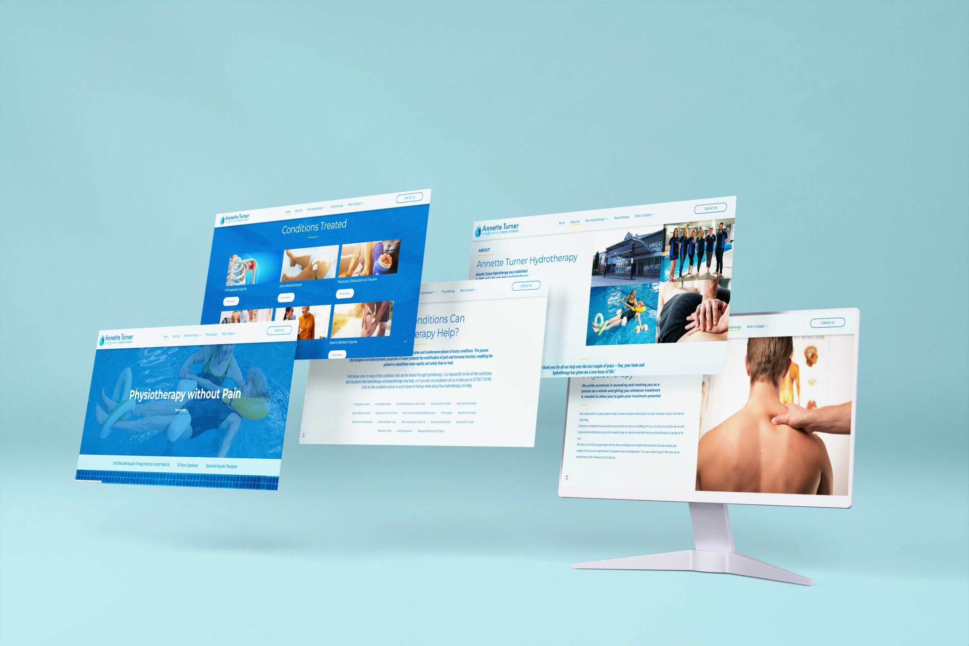 A group of computer monitors are floating in the air on a blue background.