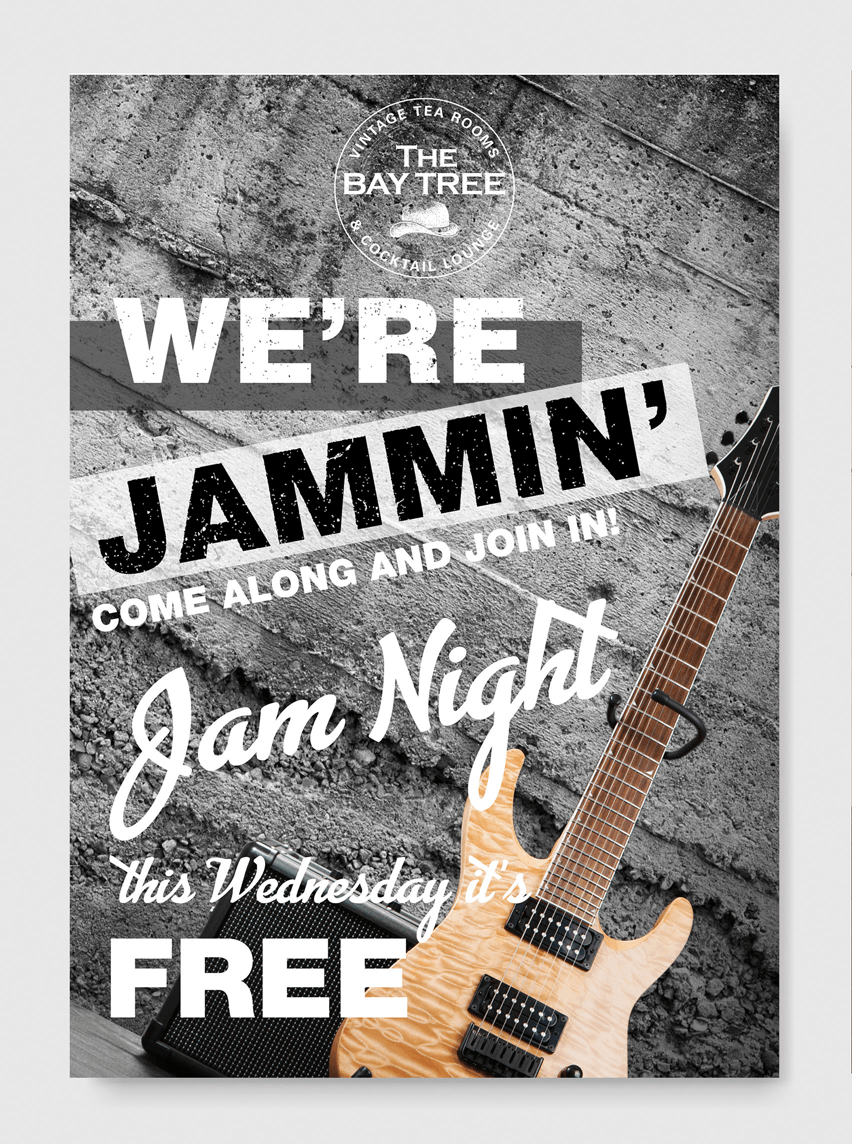 A poster for a jam night with a guitar on it.