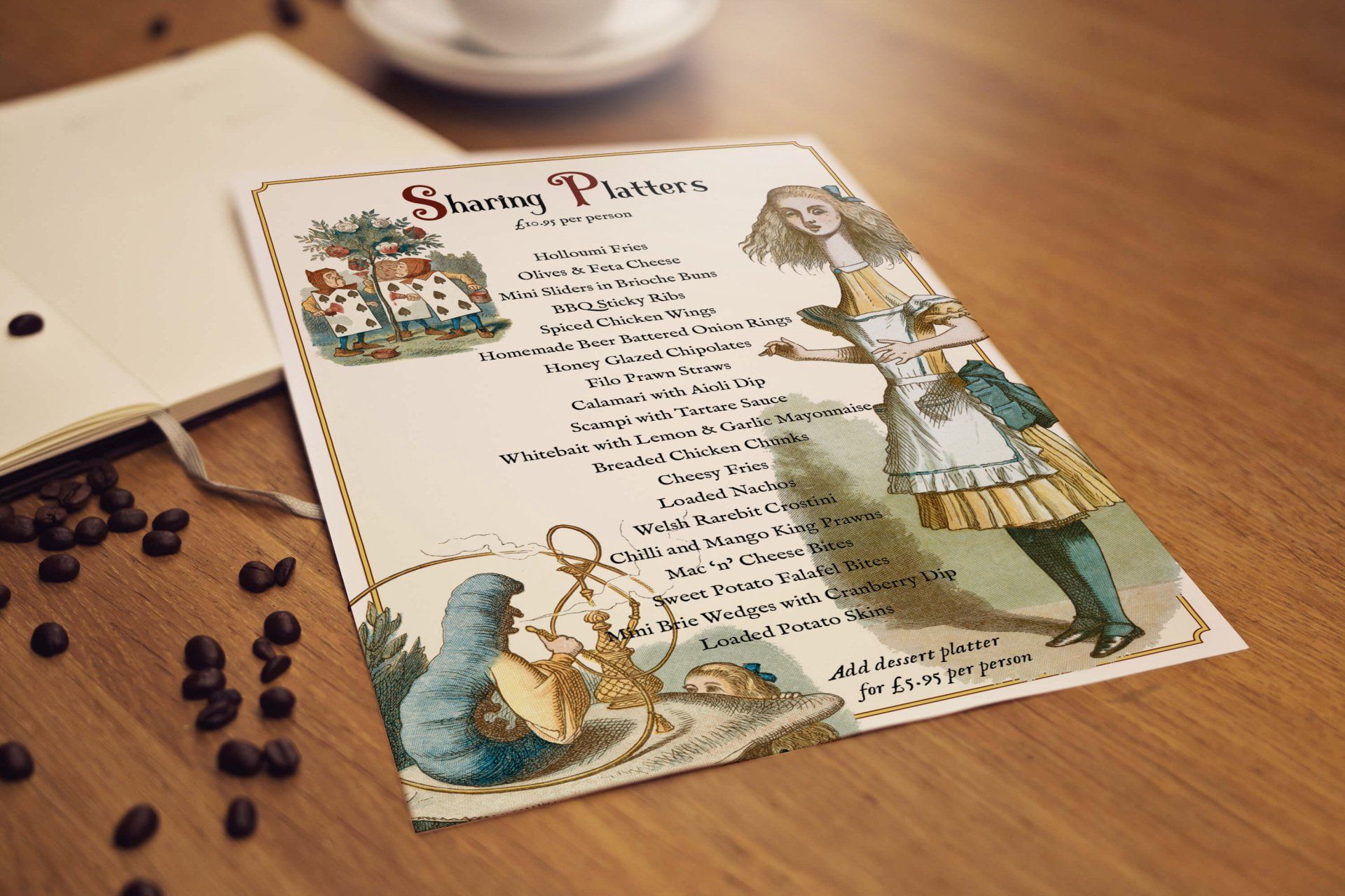 A paper with a picture of alice in wonderland on it is sitting on a wooden table.