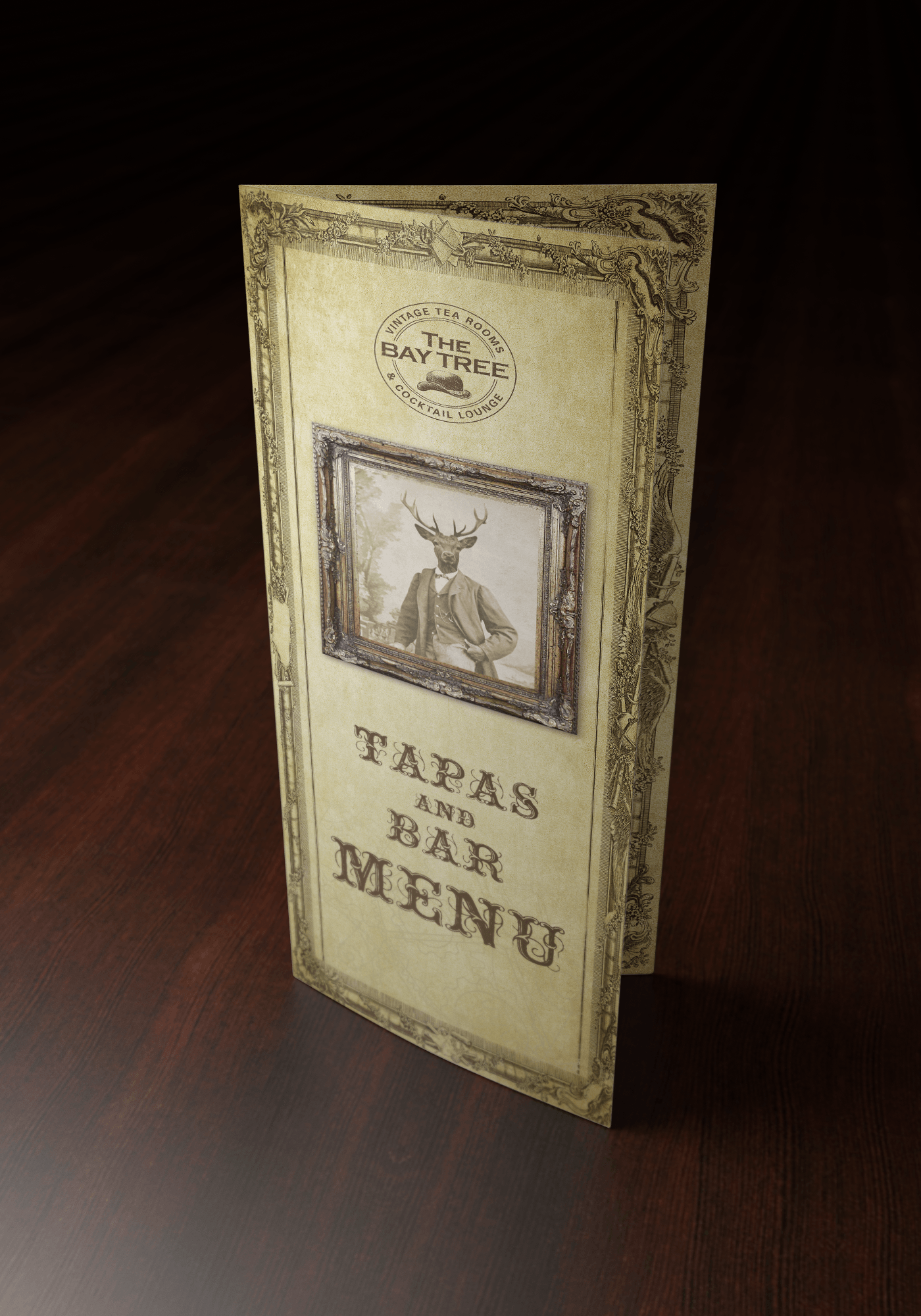A tapas and bar menu is sitting on a wooden table