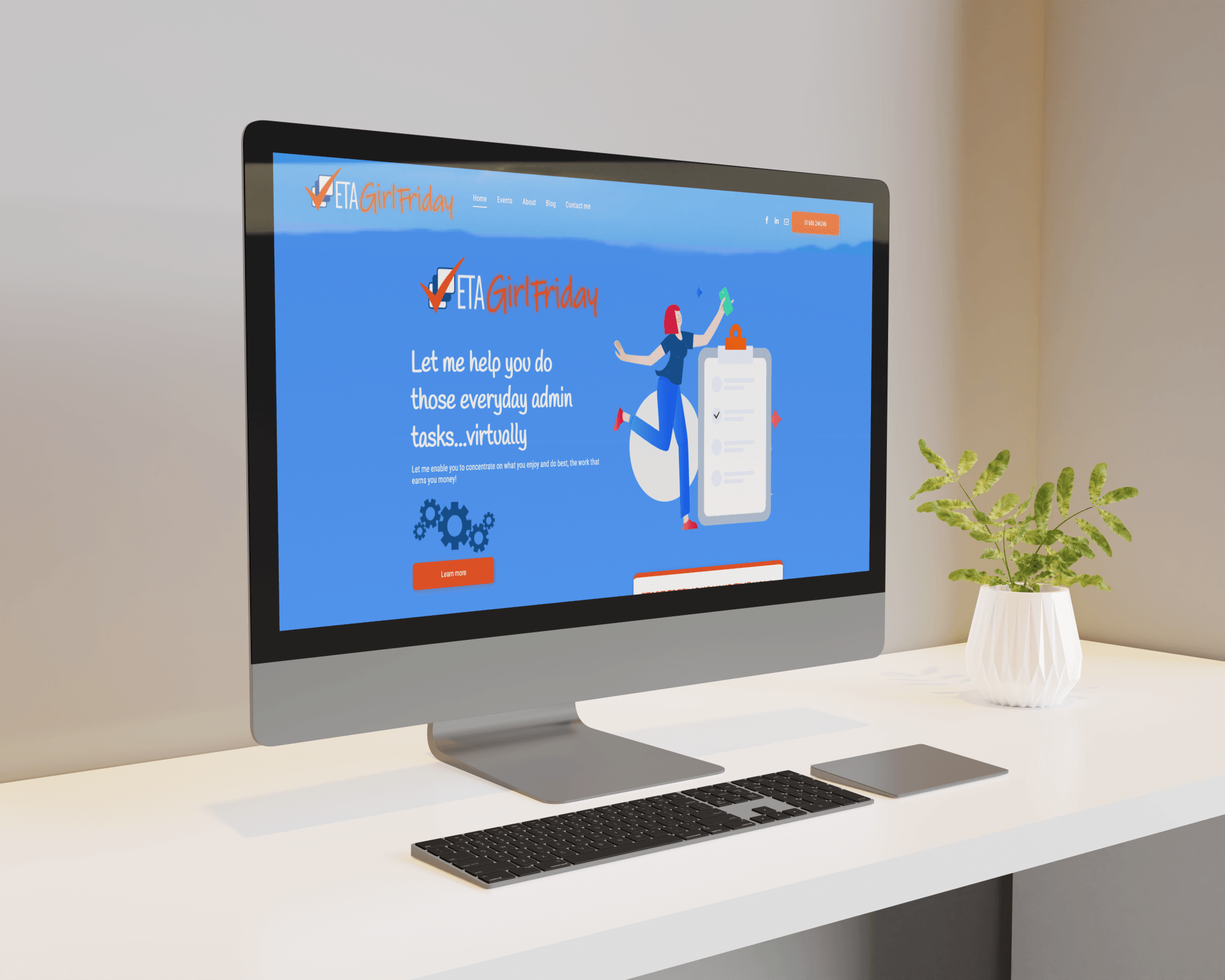 A computer monitor is sitting on top of a white desk.