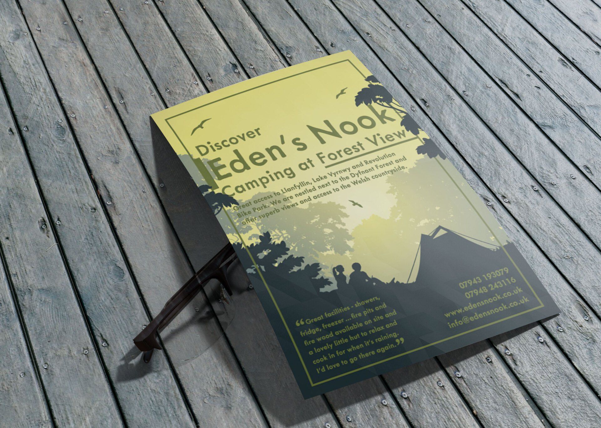 A flyer for eden 's nook camping at forest view