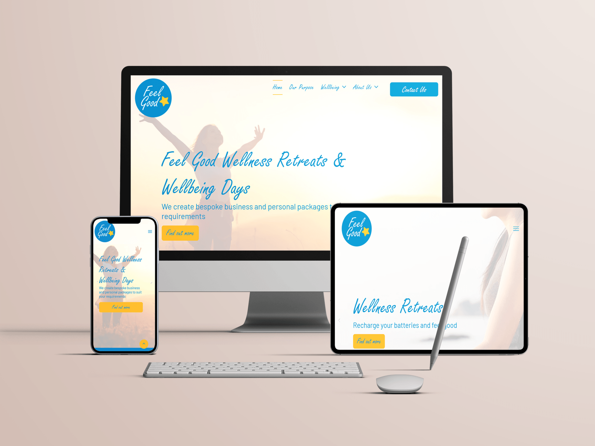 Brand & Flair Website Design for Wales, Mid Wales, Welshpool, Newtown, Oswestry, Shrewsbury Lots of screenshots of different websites - - Feel Good website - A computer , tablet , and phone are sitting on a table showing the Feel Good business website