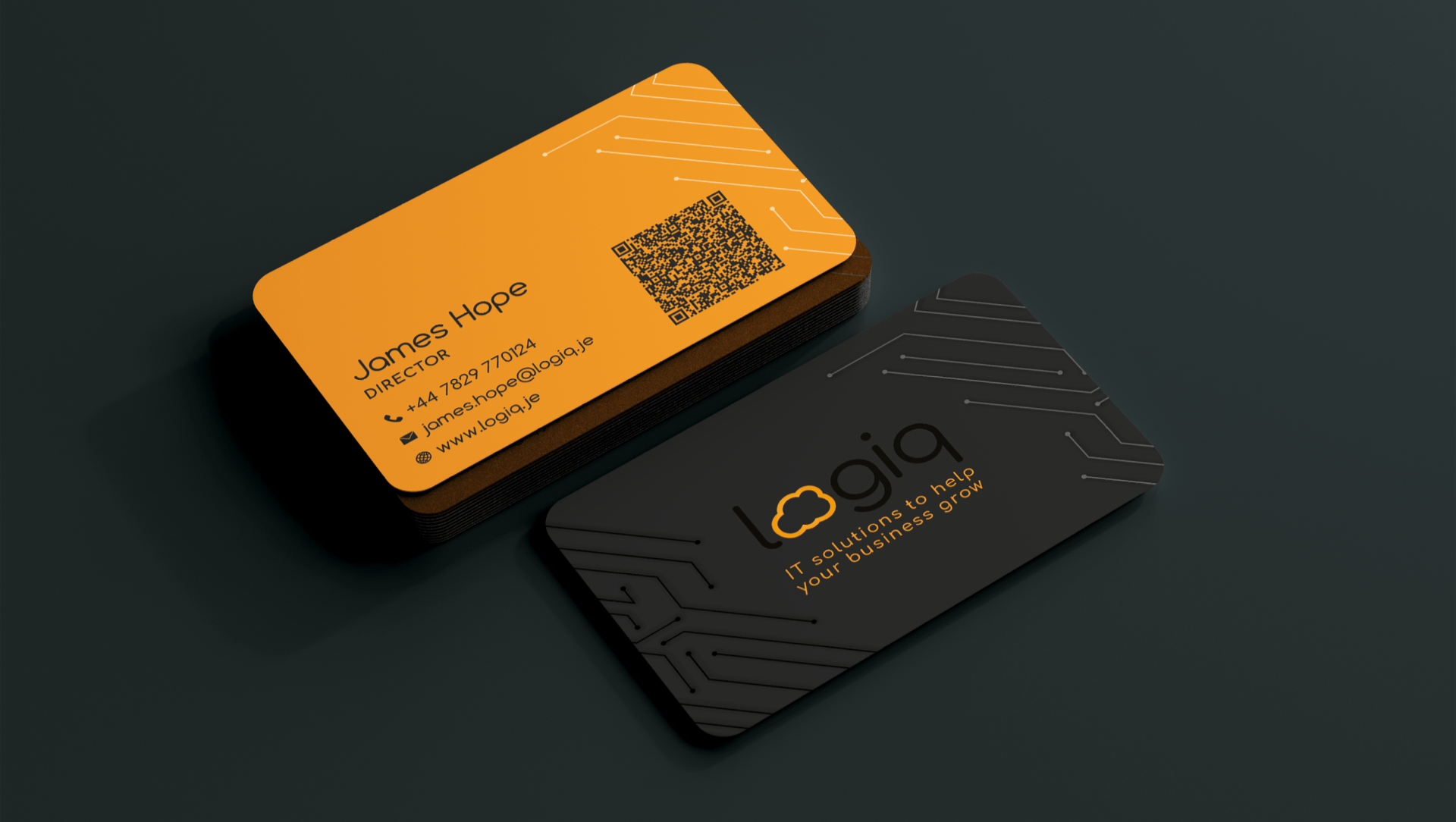 A yellow and black business card with a qr code on it.