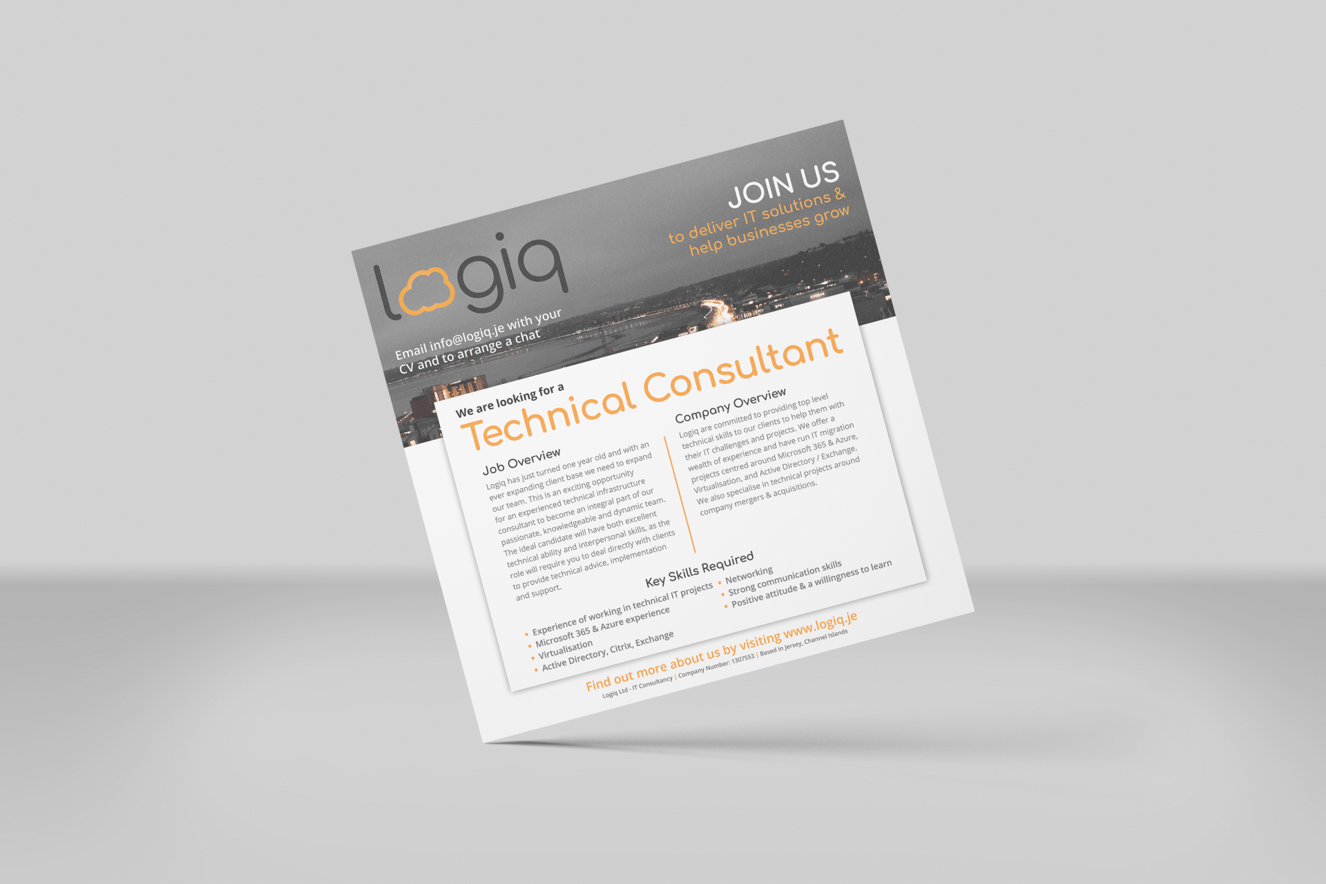 A flyer for a technical consultant is floating in the air.