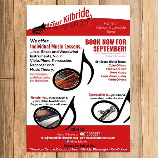 A poster that says we offer individual music lessons book now for september