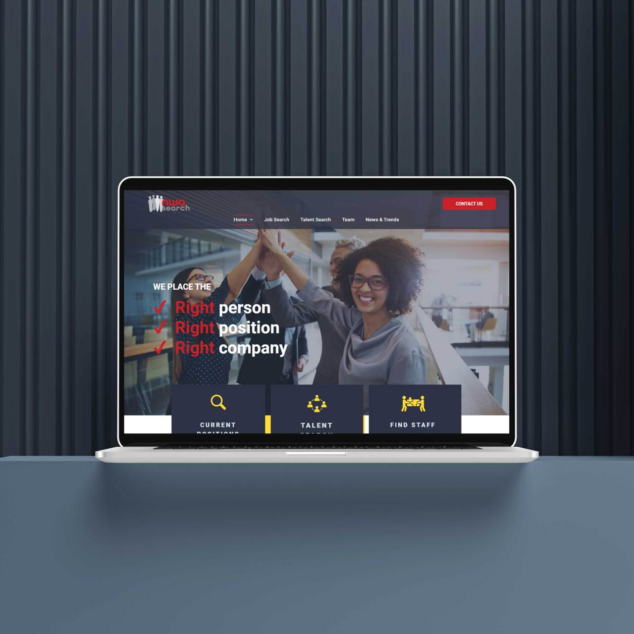 A laptop computer is open to a website that says right person right position right company.