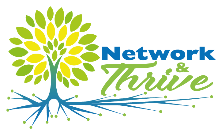 A logo for network and thrive with a tree and roots