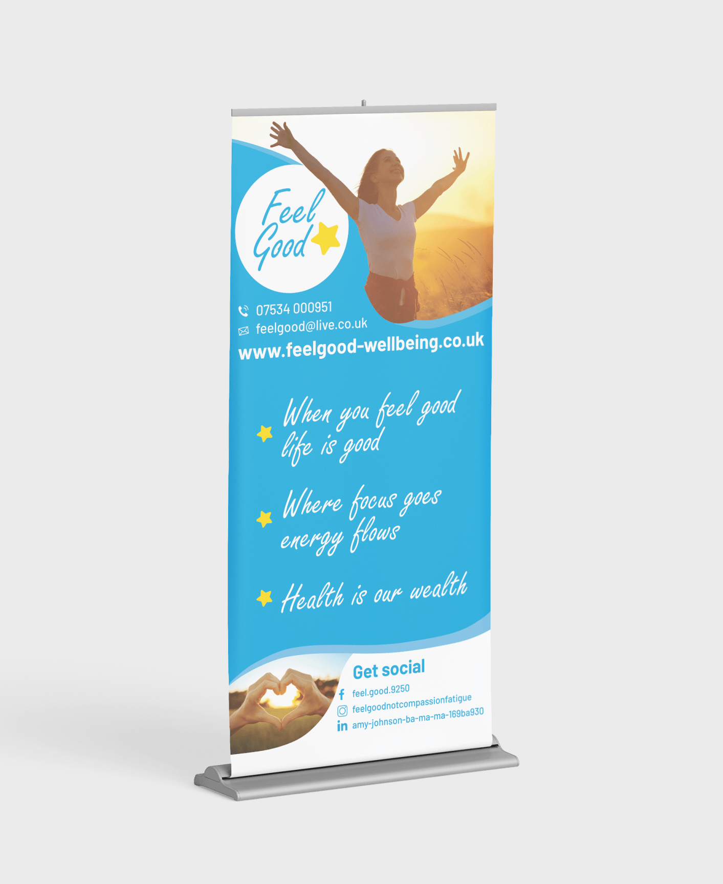 A blue banner with a woman on it that says feel good