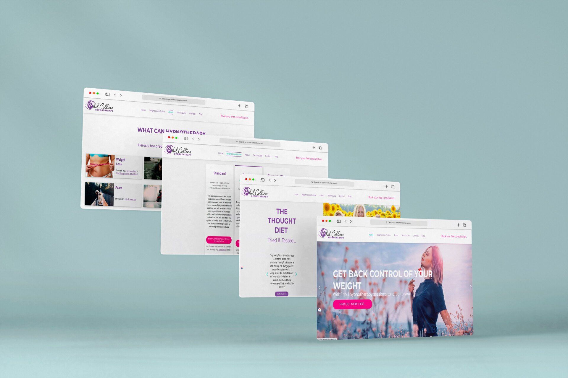 A row of computer screens are floating in the air on a blue background.