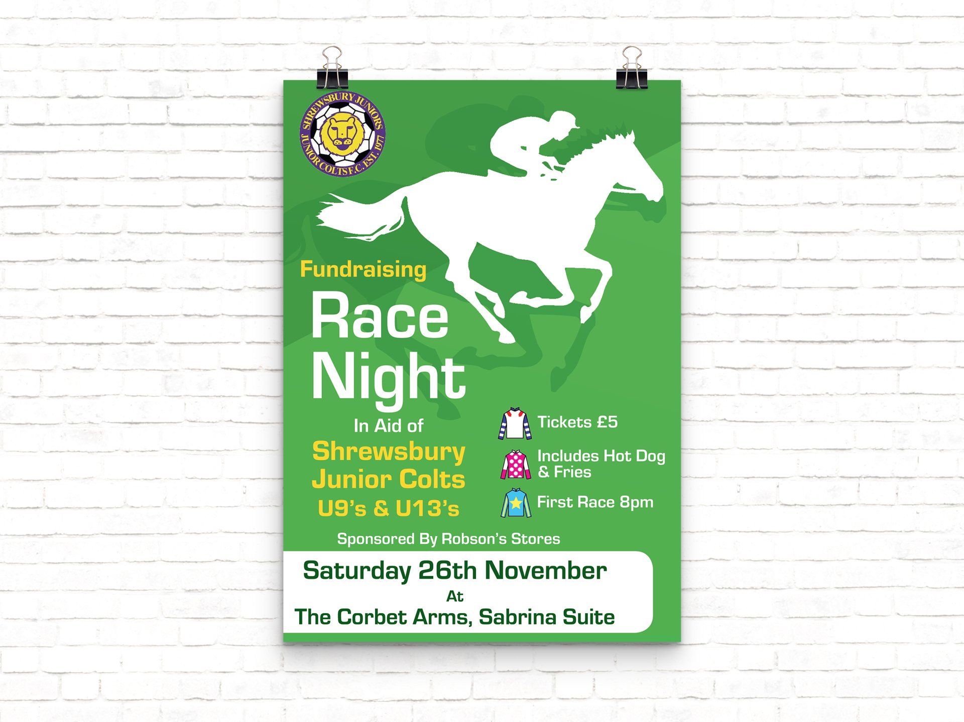 A poster for a fundraising race night is hanging on a brick wall.