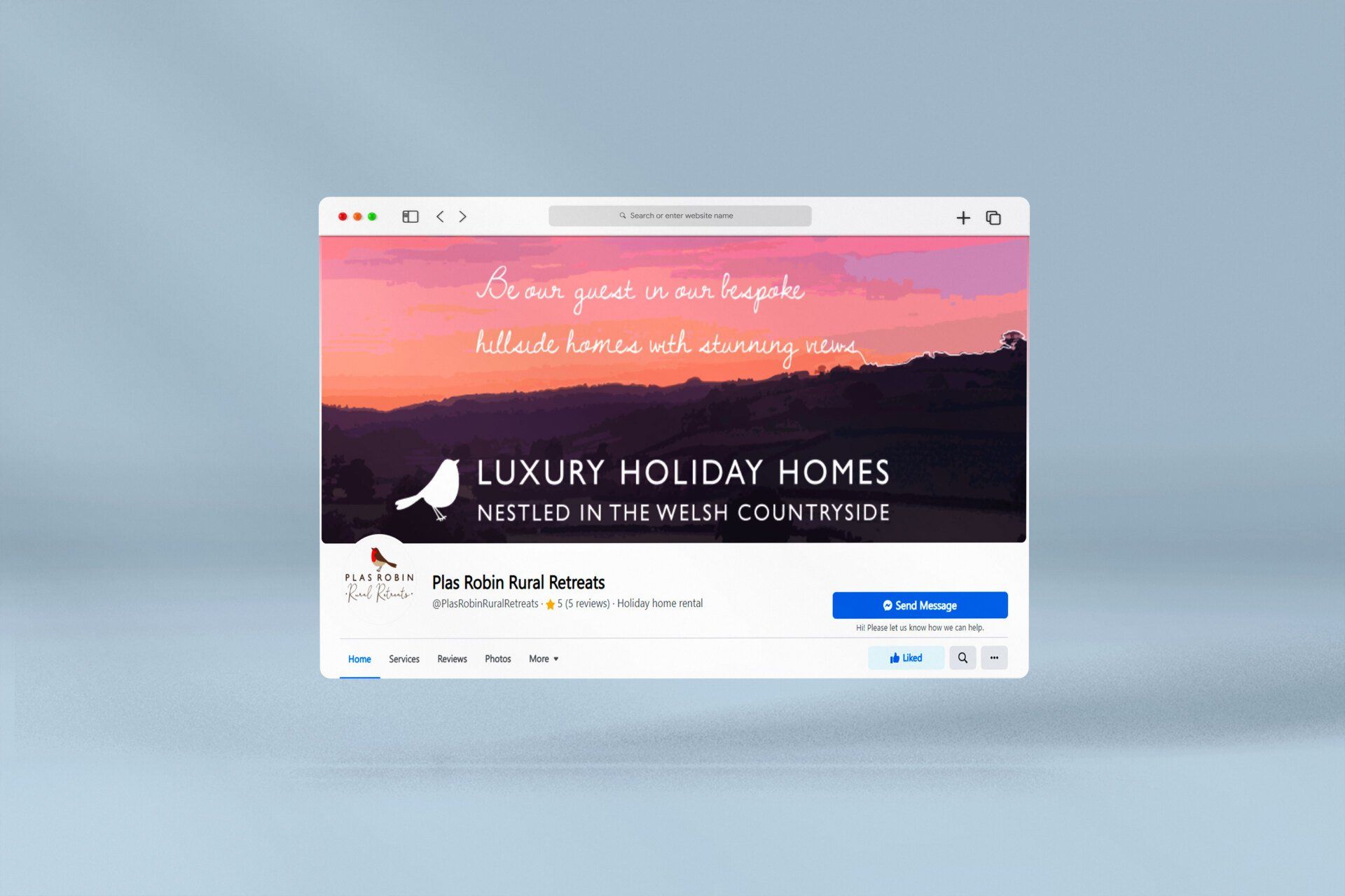 A facebook page for luxury holiday homes is displayed on a computer screen.