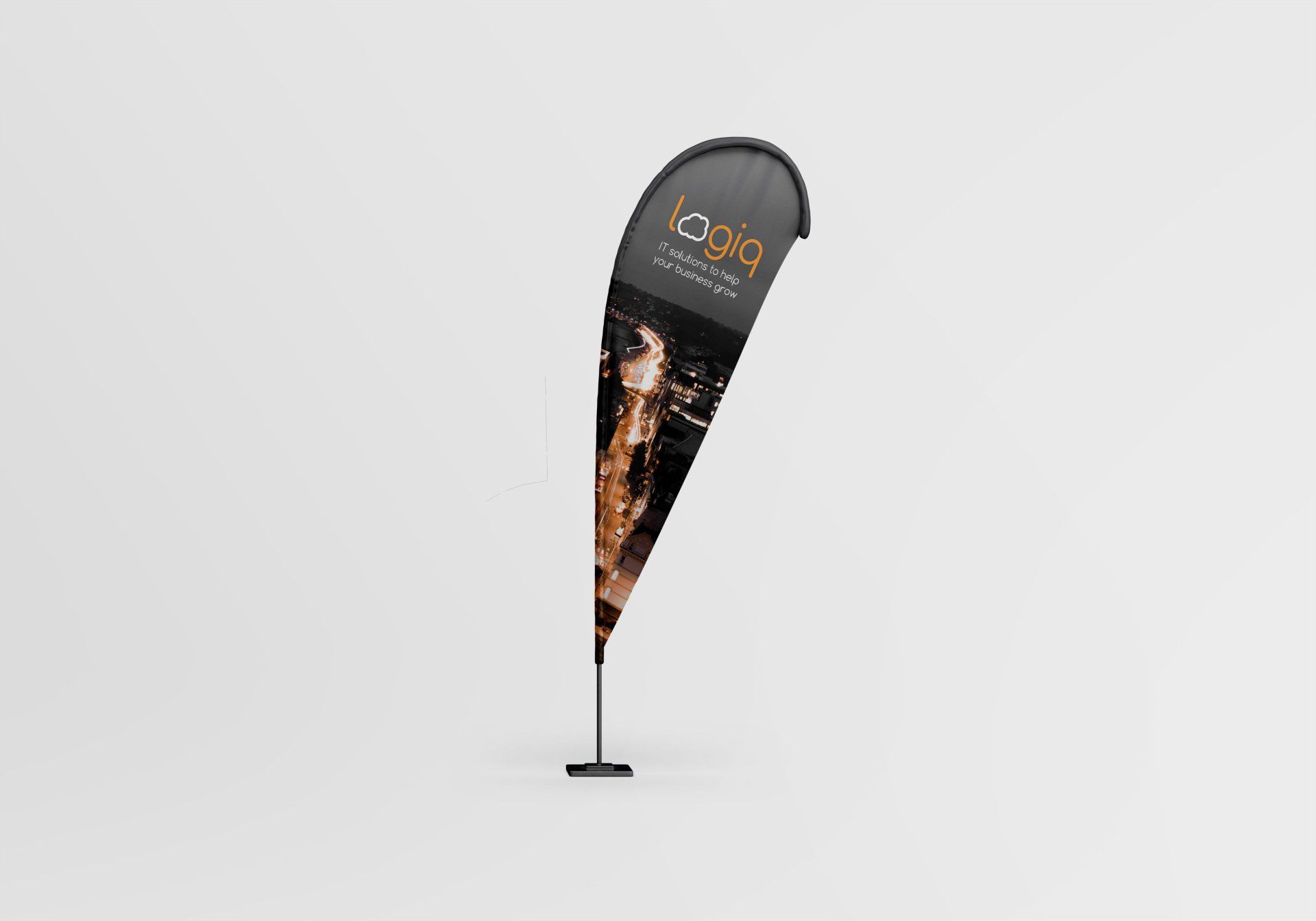 A teardrop flag with a picture of a woman on it.