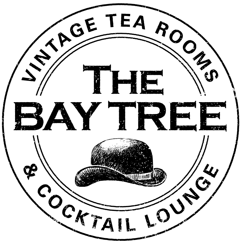 A black and white logo for the bay tree vintage tea rooms and cocktail lounge