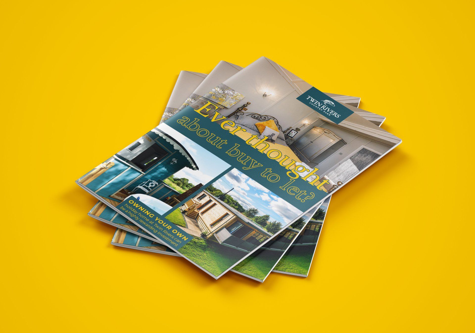 Three brochures are stacked on top of each other on a yellow background.