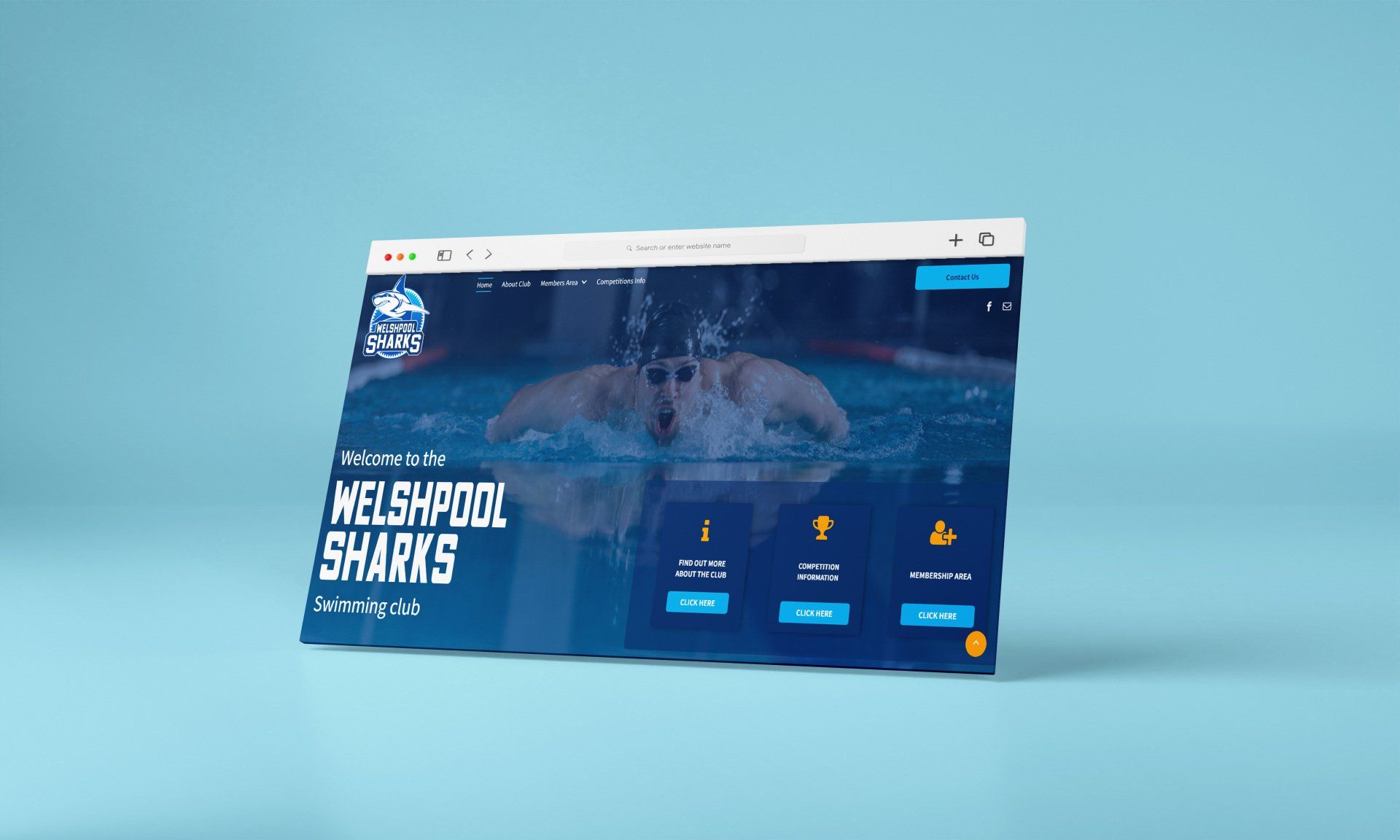 A computer screen displays a website for the welshpool sharks