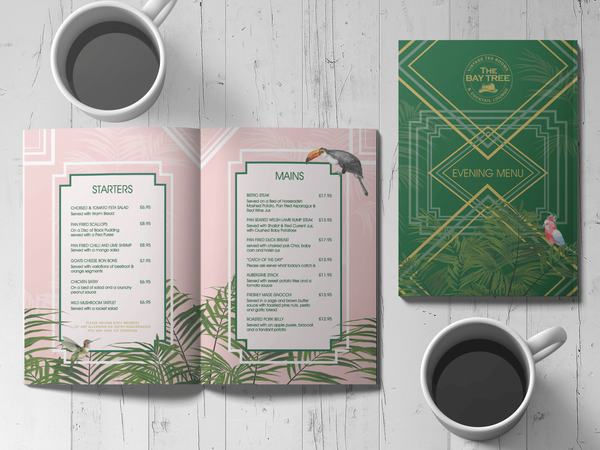 Two cups of coffee and a menu on a wooden table.