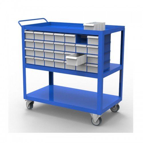 Un carrito azul con muchos cajones.