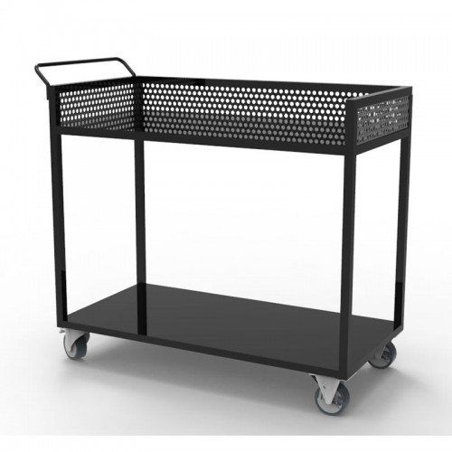 Un carro negro con ruedas y asa sobre un fondo blanco.