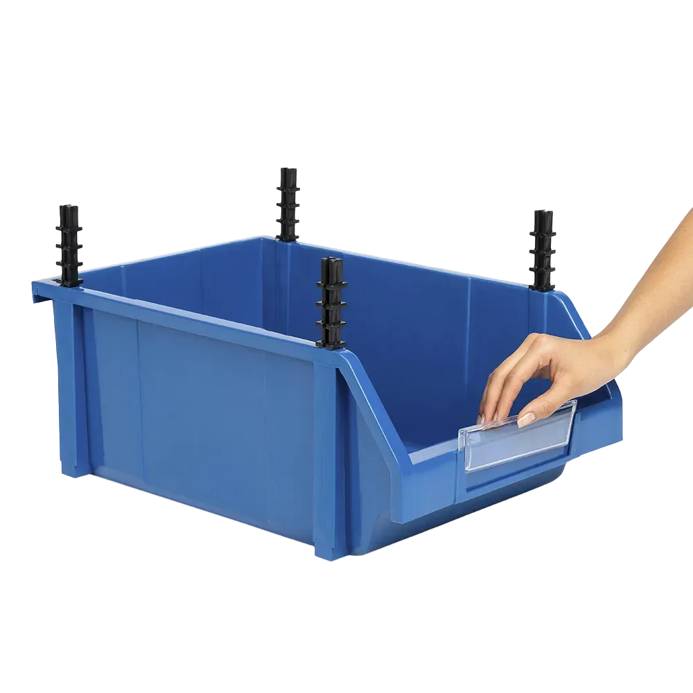 Gaveta plástica abierta con pines y visor 