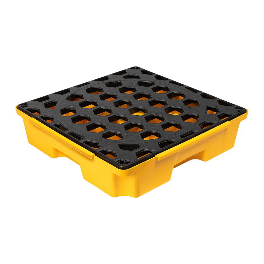 Una paleta de plástico amarilla con una tapa negra sobre un fondo blanco.